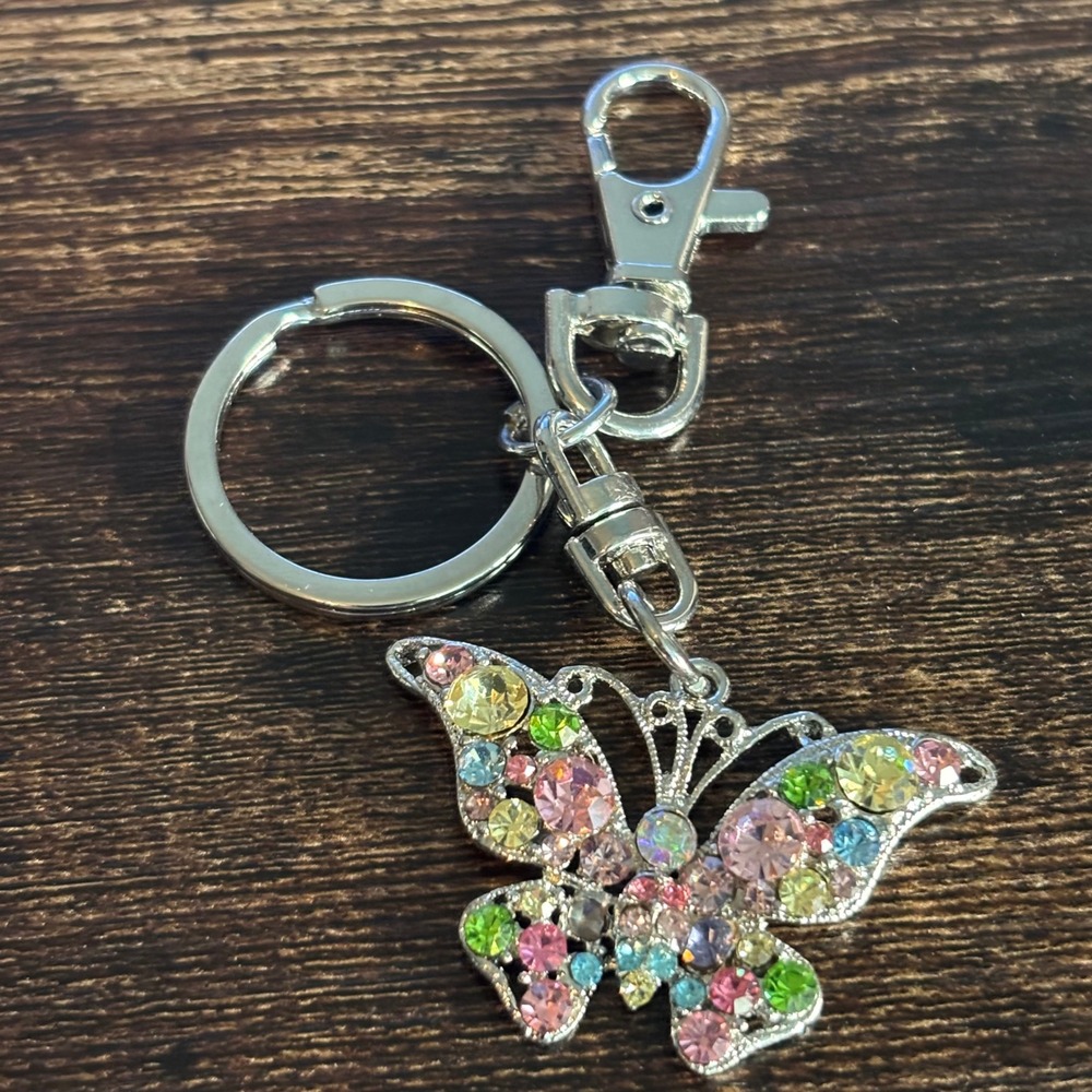 Multicolor Rhinestone Butterfly Keychain Silver Tone Lobster Clasp Bag Charm